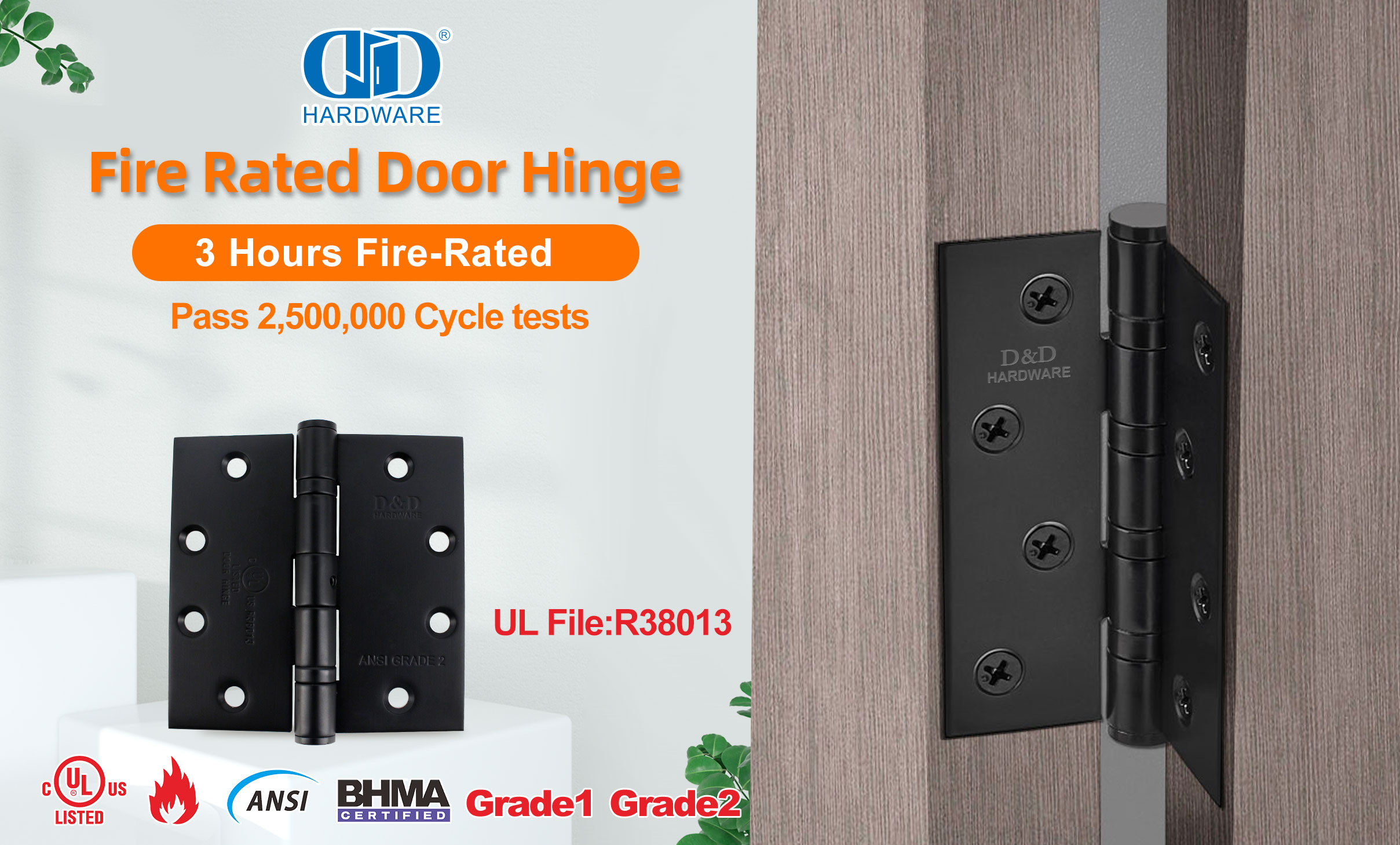 ANSI-BHMA/UL 10C Fire Rated Black Exterior Door Butt Hinge